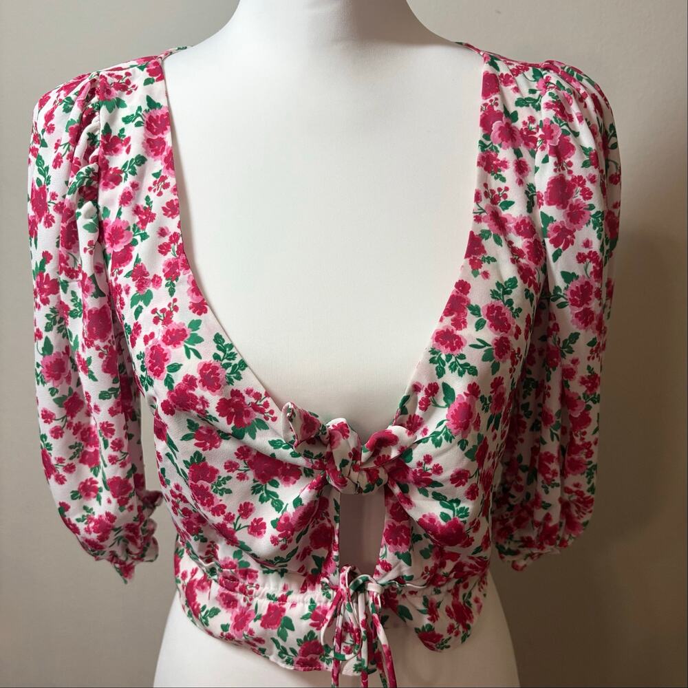 For Love & Lemons Petal Floral Tie Front Crop Top Small - Picture 8 of 9